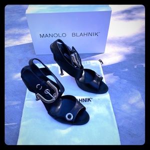Manolo Blahnik Black Leather Stiletto Pumps